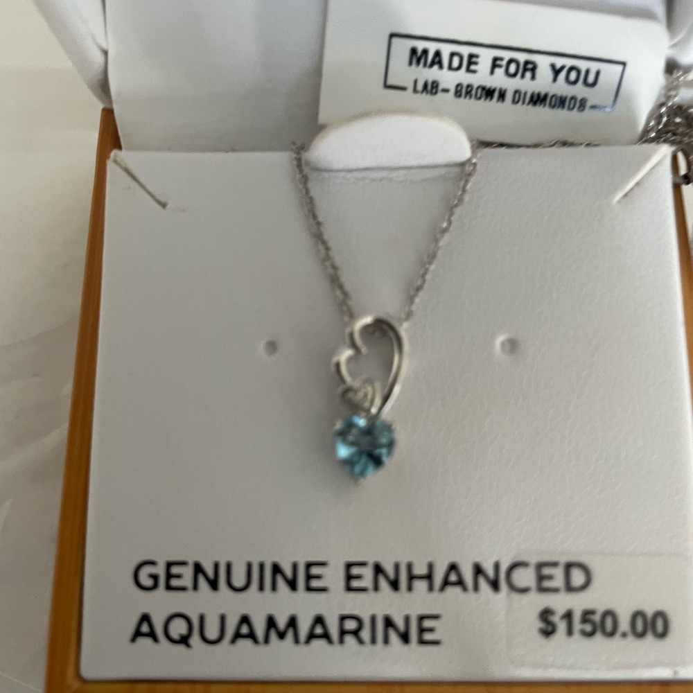 Birthstone GENUINE ENHANCED AQUAMARINE & DIAMOND STERLING SILVER NECKLACE 
NWB